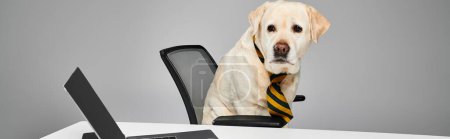 A dog wearing a tie sits in front of a computer in a studio setting, embodying the concept of a domestic animal at work.