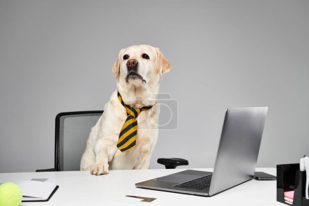 A dog wearing a tie sits in front of a laptop.