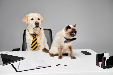 Foto de Un gato y un perro se sientan en un escritorio, trabajando juntos o compartiendo un momento de amistad y compañía. - Imagen libre de derechos