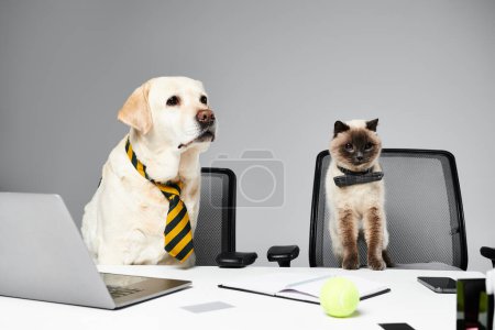 A cat and a dog sit attentively in front of a laptop screen in a studio setting.