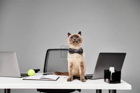 A regal cat sits gracefully on a desk in a studio setting, exuding elegance and charm.