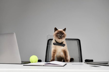 A cat perched on a desk next to a laptop in a studio setting, embodying the domestic animal and furry friend concept.