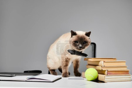 Foto de Un gato con ojos curiosos se levanta elegantemente sobre un escritorio junto a una pila de libros, exudando un aire de sabiduría y aprendizaje. - Imagen libre de derechos