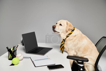 A dog in a tie sits at a desk with a laptop, exuding professionalism and focus on work tasks in a studio setting.