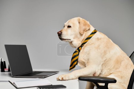 Ein gut gekleideter Hund mit Krawatte sitzt vor einem Laptop und erscheint bereit für ein Geschäftstreffen.