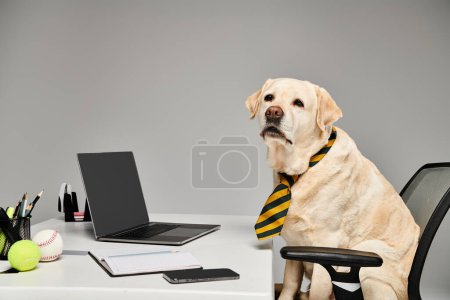 A sophisticated dog, decked out in a tie, sitting elegantly at a desk in a professional setting.