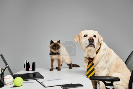 Eine Katze und ein Hund sitzen gemeinsam an einem Schreibtisch im Studio und präsentieren das Konzept des Haustieres und pelzigen Freundes..