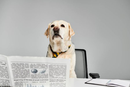 A dog attentively sits at a desk, reading a newspaper.