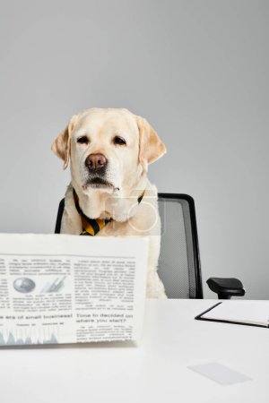 A dog sitting at a desk, reading a newspaper.