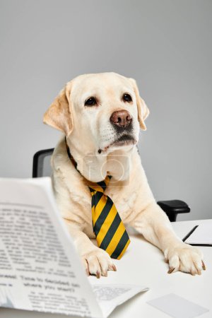 A dog wearing a tie sits at a desk, looking professional and ready for work in a studio setting.