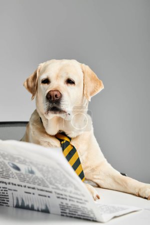 A sophisticated dog wearing a tie, sitting upright, and reading a newspaper in a studio setting.