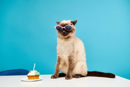A cat in sunglasses sitting next to a cupcake in a playful studio setting.