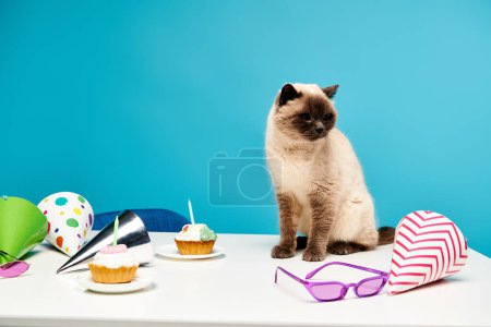 Un gato sentado elegantemente encima de una mesa, supervisando un lote de deliciosos cupcakes colocados junto a él.