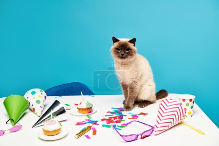Un chat mignon avec des moustaches assis parmi les fournitures de fête sur une table.