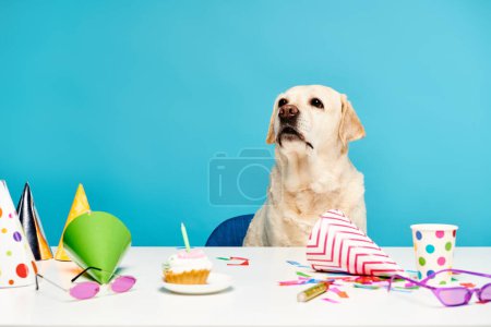 Un perro peludo sentado en una mesa adornada con sombreros de fiesta, junto a una deliciosa magdalena, mirando listo para celebrar.