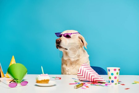 A fashionable dog wearing sunglasses sits at a table surrounded by cupcakes.