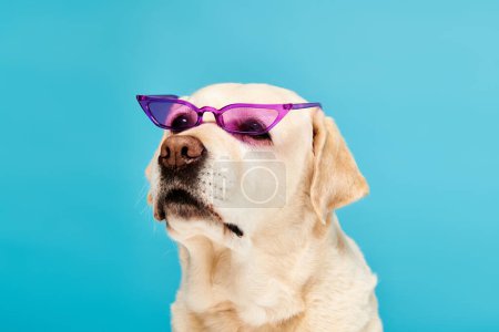 Téléchargez les photos : Un chien cool portant des lunettes de soleil violettes sur fond bleu vif, ajoutant une touche de fun et de mode à la scène. - en image libre de droit