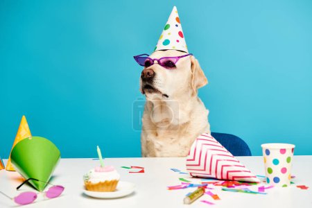 Ein Hund trägt einen Partyhut und eine Sonnenbrille und verströmt eine fröhliche und festliche Stimmung in einem Studio-Ambiente.