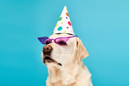 Ein Hund, der festlich mit Partyhut und Sonnenbrille aussieht.