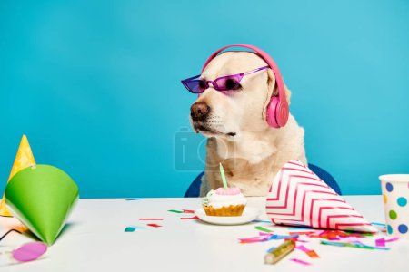 Téléchargez les photos : Un chien portant un casque est assis à une table, regardant concentré et prêt à faire tourner quelques airs. - en image libre de droit