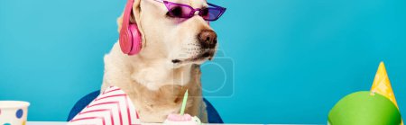 A stylish dog donning sunglasses and a party hat, ready to have a good time in a playful studio setting.