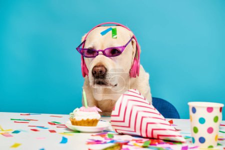 A playful dog wearing glasses and a birthday hat, ready for a fun celebration in a studio setting.