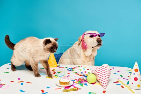 A cat and a dog standing at a table in a studio setting.