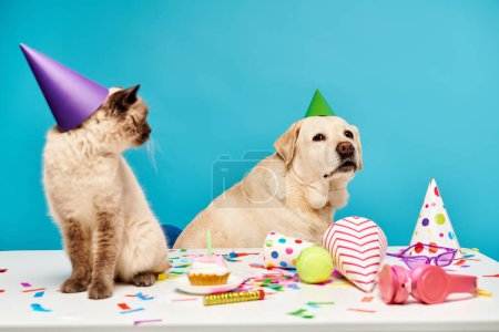 Foto de Un gato y un perro sentados en una mesa, disfrutando de la compañía de los demás en un acogedor entorno interior. - Imagen libre de derechos