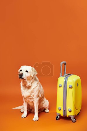 A dog sits next to a vibrant yellow suitcase in a studio setting.