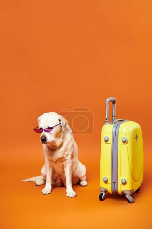 A dog sits calmly next to a vibrant yellow suitcase in a studio setting.
