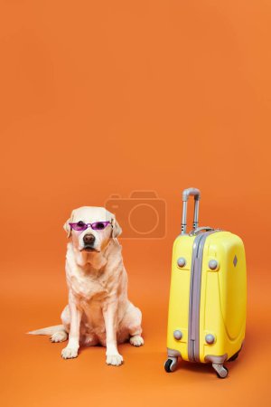 A dog with sunglasses sits next to a yellow suitcase in a studio setting, exuding cool and playful vibes.