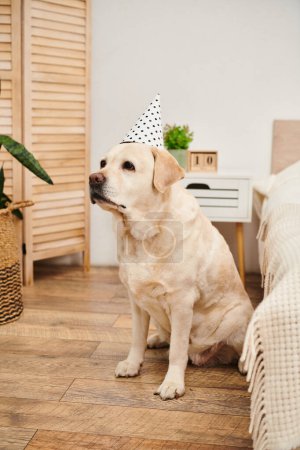 Un perro se relaja en el suelo mientras se pone un sombrero de fiesta festivo, exudando un ambiente lúdico y celebratorio.