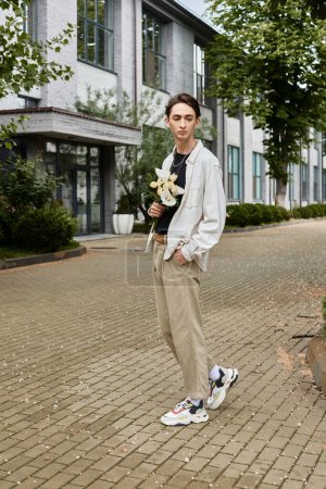 A stylish young man in a tan jacket and sneakers confidently walks on a brick walkway, exuding pride and individuality.