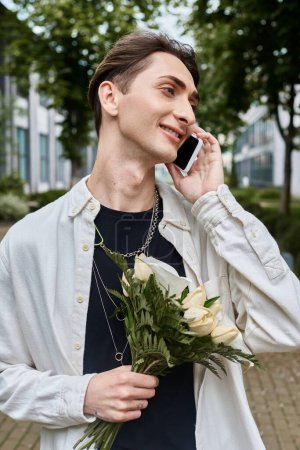A young queer individual in stylish attire juggles holding a bouquet of flowers while talking on the phone.
