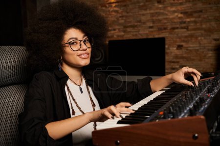 Mujer con cabello afro tocando un teclado enérgicamente en un estudio de grabación durante un ensayo de la banda de música.