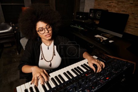 A woman wearing glasses plays a keyboard in a recording studio during a music band rehearsal.