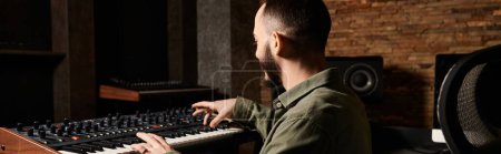 A talented man delves into his electronic keyboard, crafting harmonious melodies in a dynamic recording studio setting.