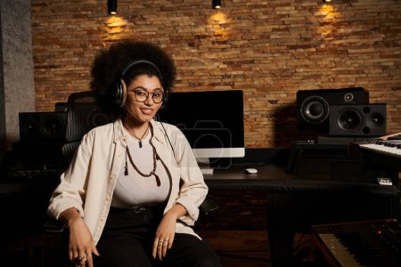 Una mujer con cabello afro se sienta en un estudio de grabación durante una sesión de ensayo de la banda musical, perdida en el proceso de creación musical.