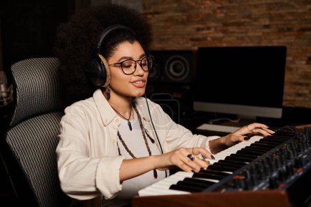 Talented woman with afro hair plays keyboard in music band rehearsal at recording studio.