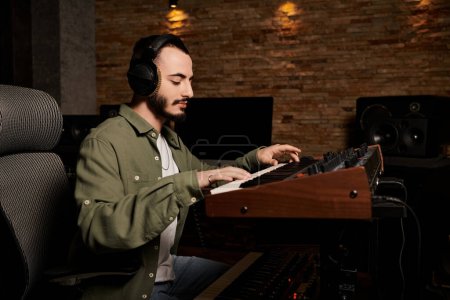 Un músico con auriculares toca un teclado en un estudio de grabación durante una sesión de ensayo de la banda de música.