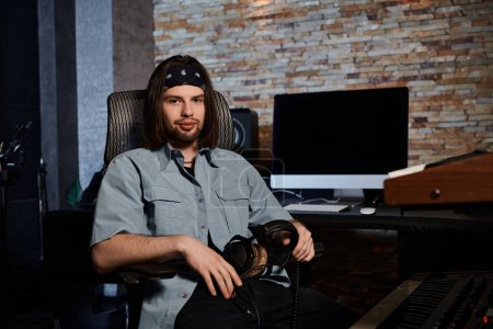 Un hombre se sienta en una silla, enfocado, mientras la banda de música ensaya en un estudio de grabación.