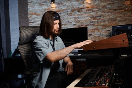 A man immersed in music, playing an electronic keyboard in a recording studio during a music band rehearsal.