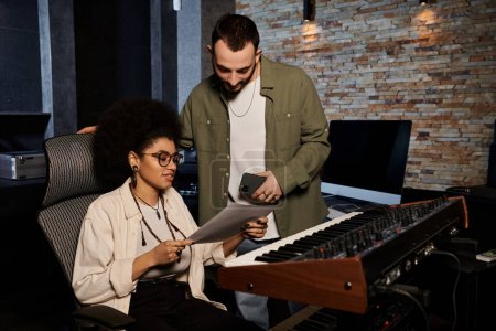 A man and a woman work together in a recording studio, refining their music for an upcoming performance.