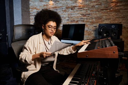 A talented woman sits at a keyboard in a recording studio, composing music for a band rehearsal.
