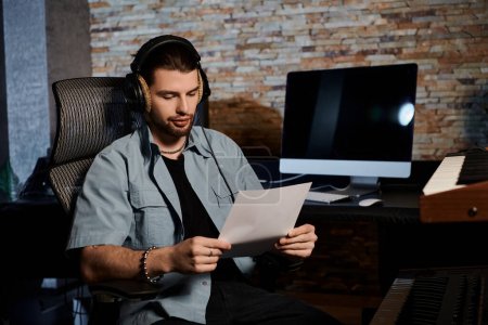 Ein Mann, der während einer Musikband-Probe in einem Tonstudio in einem Stuhl sitzt und ein Blatt Papier liest.