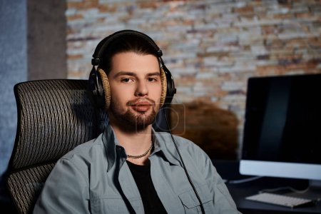 Ein Mann mit Kopfhörern, eingetaucht in die Musikproduktion auf einem Computer in einem Tonstudio während einer Musikband-Probe.