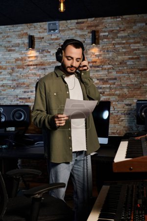 A man in headphones stands confidently in front of a recording studio, ready for a music band rehearsal.