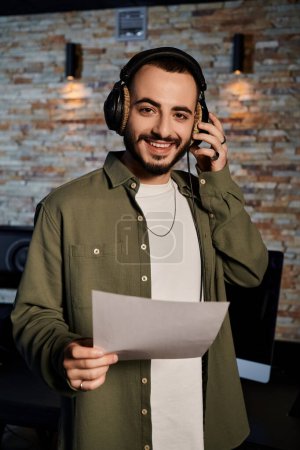 Musician in headphones holds sheet music in recording studio before rehearsal with band.