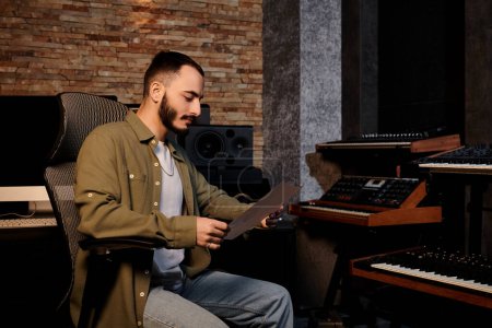 A man sits in front of a keyboard, composing music in a recording studio during a band rehearsal.