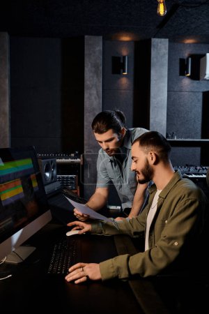 Two men in a recording studio intensely focus on their computer screen during a music band rehearsal session.